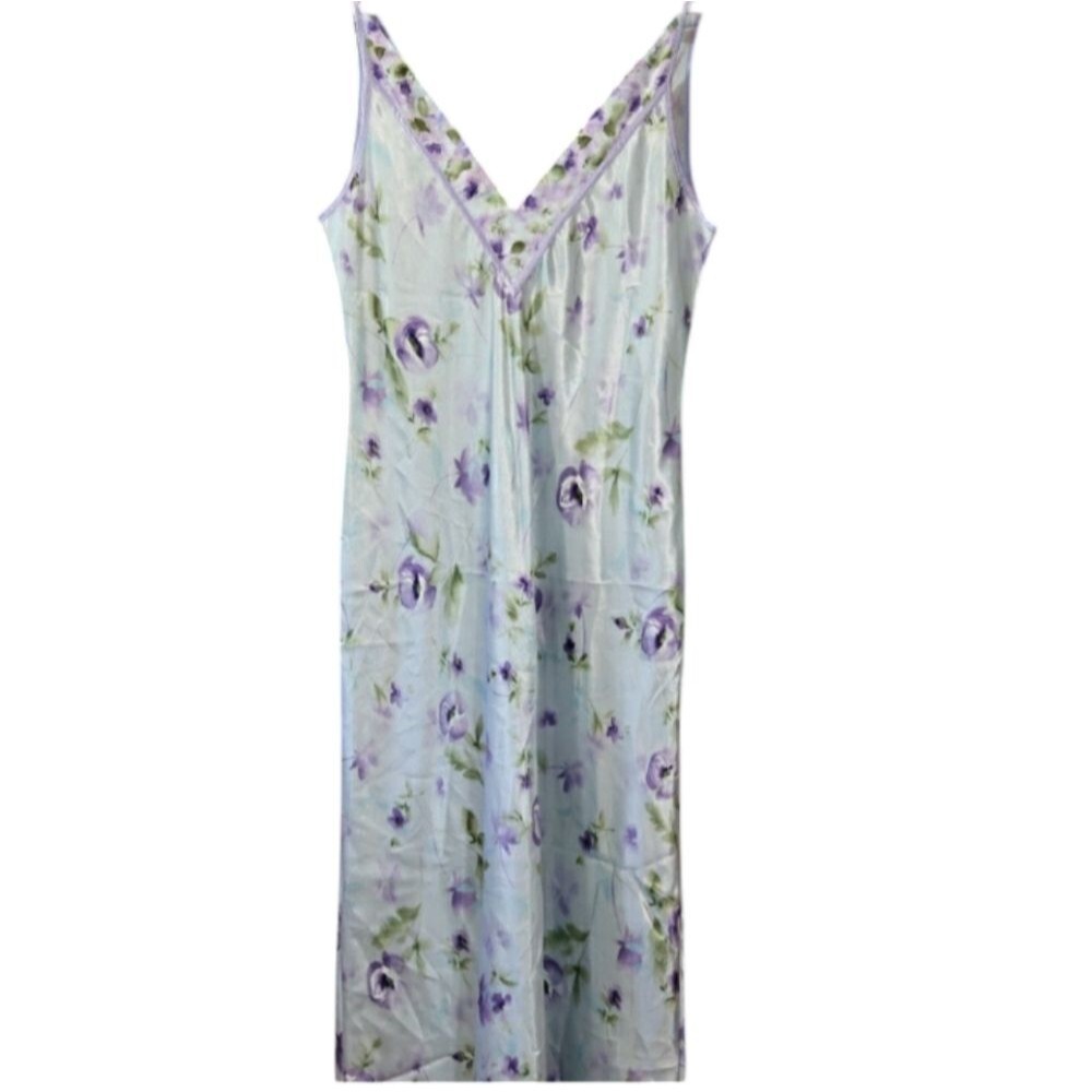 California Dynasty Blue and Purple Floral Long Maxi Slip with Trim Medium
